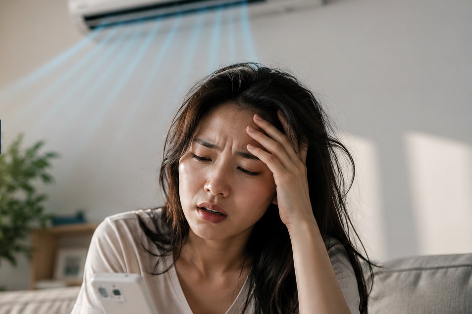 에어컨을 켜도 시원하지 않아 답답해하는 모습