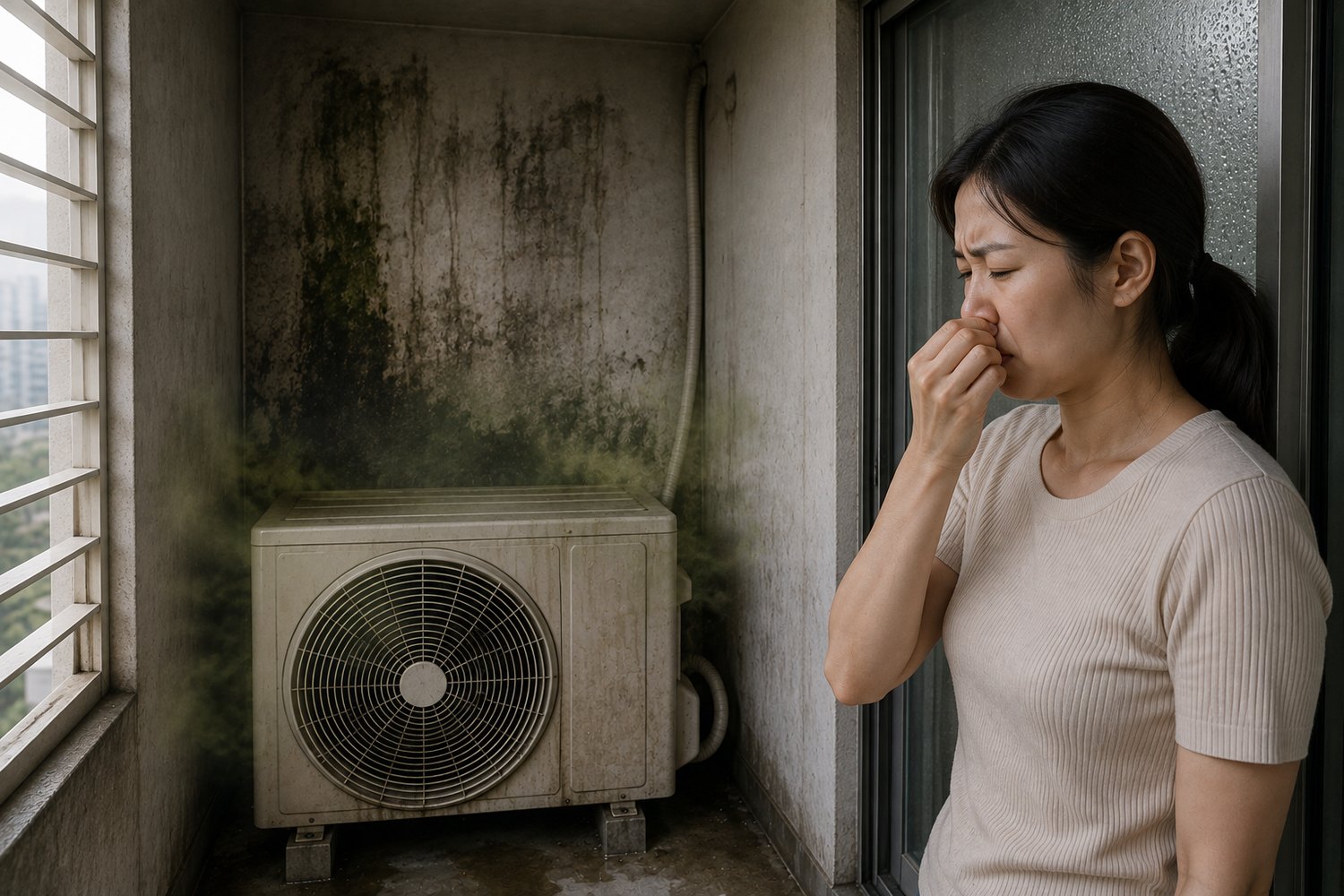 습기와 곰팡이가 생긴 실외기실 벽면